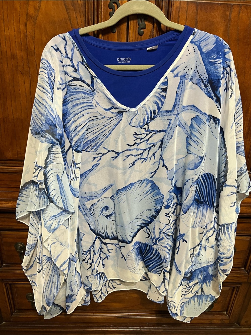 Chico’s Blue Seashell Coastal Layered Blouse L/XL